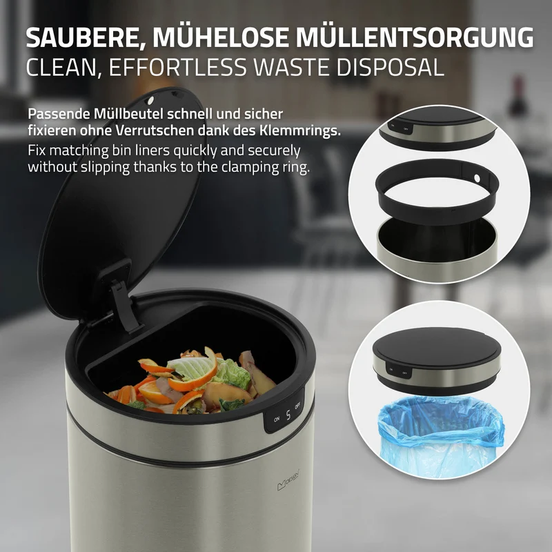 Mülleimer mit Sensor 40L rund aus Edelstahl, Silber, Automatisches Öffnen & Schließen ML-Design