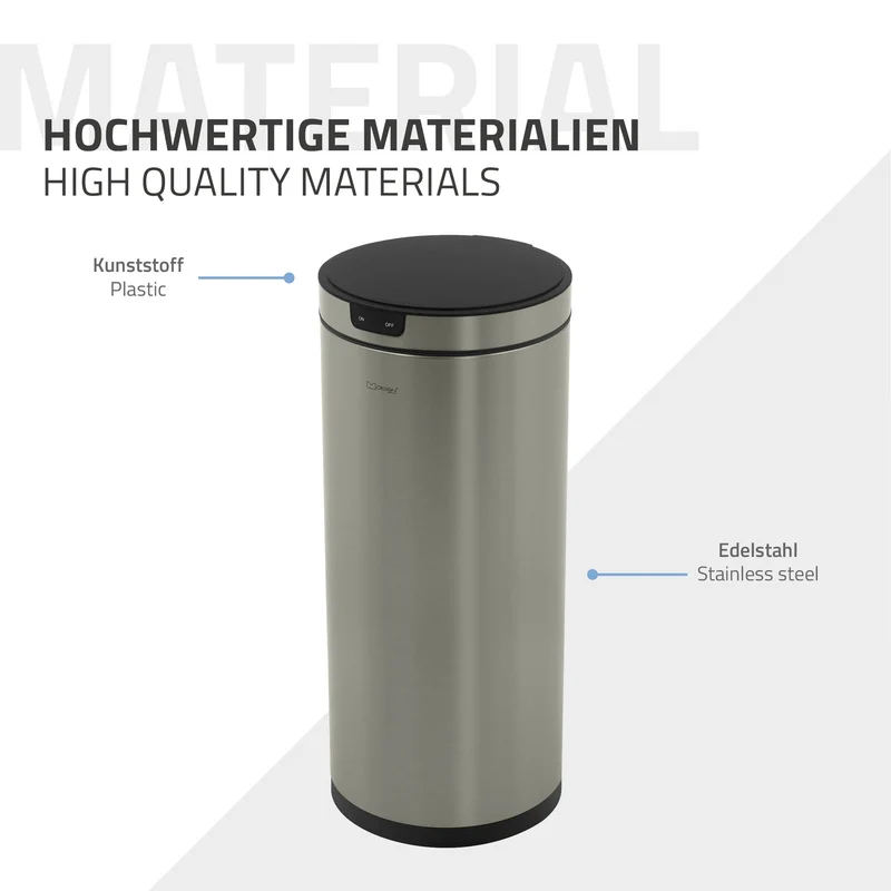 Mülleimer mit Sensor 40L rund aus Edelstahl, Silber, Automatisches Öffnen & Schließen ML-Design
