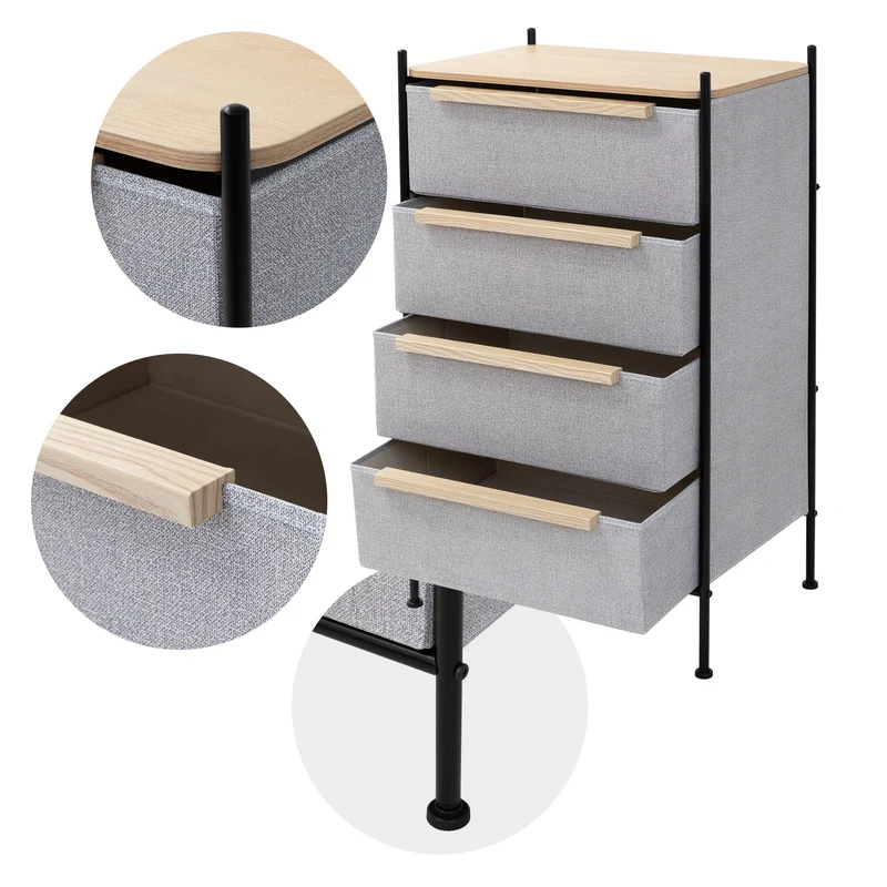 Kommode 58x98x42,5 cm Eiche aus Stahl, MDF mit 4 Stoff Schubladen ML Design