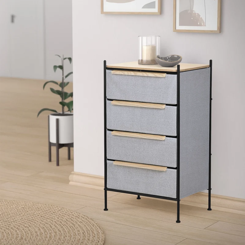 Kommode 58x98x42,5 cm Eiche aus Stahl, MDF mit 4 Stoff Schubladen ML Design