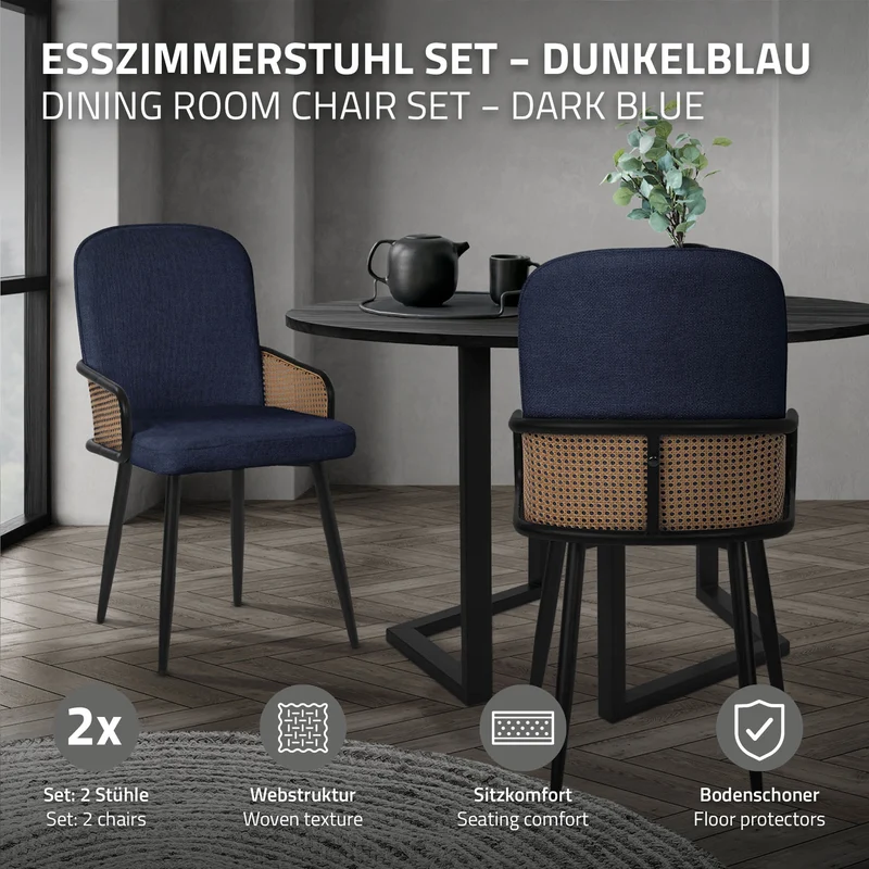 Esszimmerstühle 2er Set Dunkelblau mit Arm- & Rückenlehne, Polsterstühle für Esszimmer & Küche ML-Design