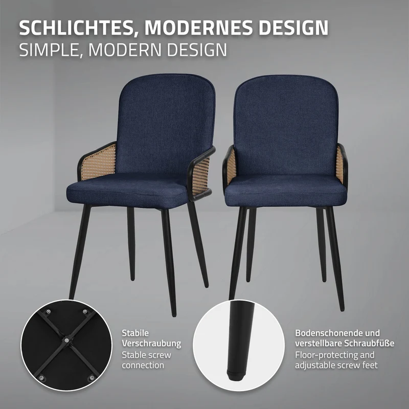 Esszimmerstühle 2er Set Dunkelblau mit Arm- & Rückenlehne, Polsterstühle für Esszimmer & Küche ML-Design