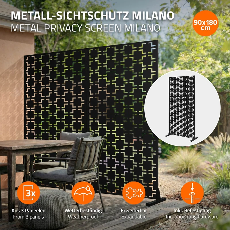 Metall-Sichtschutz Milano Schwarz 90x180 cm aus Stahl Raumteiler mit 3 Paneele Trennwand erweiterbar mit Ständer ML-Design