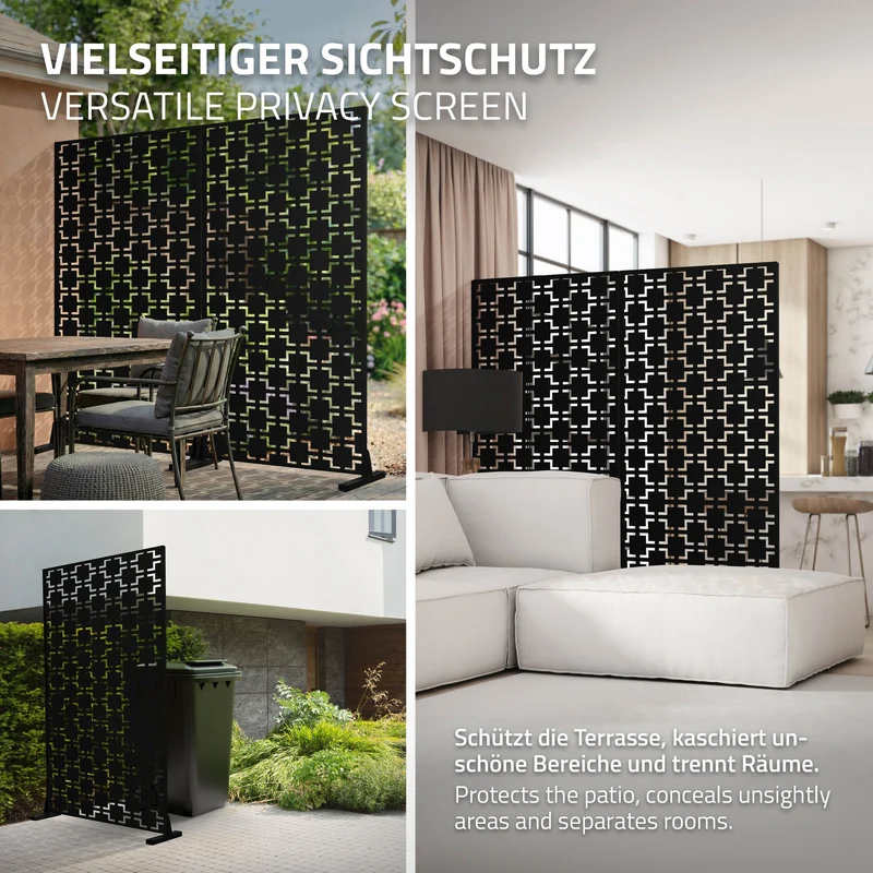 Metall-Sichtschutz Milano Schwarz 90x180 cm aus Stahl Raumteiler mit 3 Paneele Trennwand erweiterbar mit Ständer ML-Design