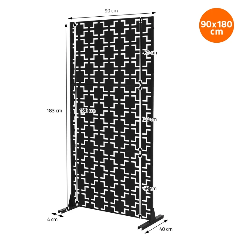 Metall-Sichtschutz Milano Schwarz 90x180 cm aus Stahl Raumteiler mit 3 Paneele Trennwand erweiterbar mit Ständer ML-Design