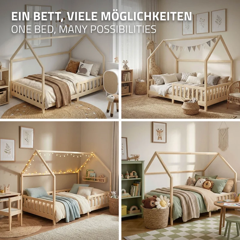Kinderbett Hausbett 140x200 cm Natur aus Kiefernholz inkl. Matratze H-16cm Rausfallschutz Dach und Lattenrost ML-Design