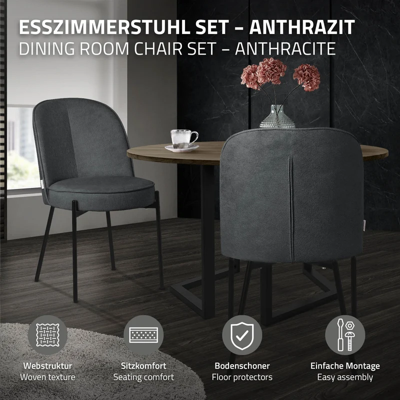 Esszimmerstühle 4er Set Anthrazit mit Rückenlehne, Polsterstühle für Esszimmer & Küche ML-Design