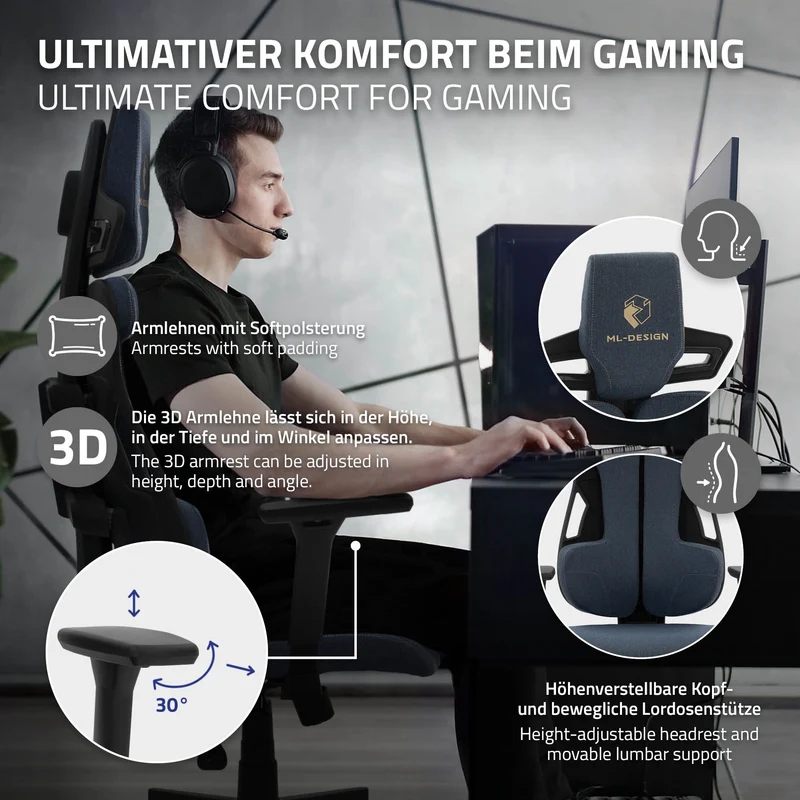 Gaming Stuhl mit Armlehne, Kopfstütze und Lordosenstütze Blau, aus Stoff ML-Design
