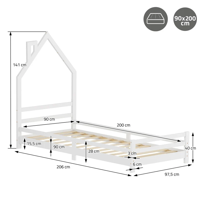 Kinderbett Haus 90x200 cm Weiß Hausbett für Kinder Holzbett mit Lattenrost Schornstein Design ML-Design