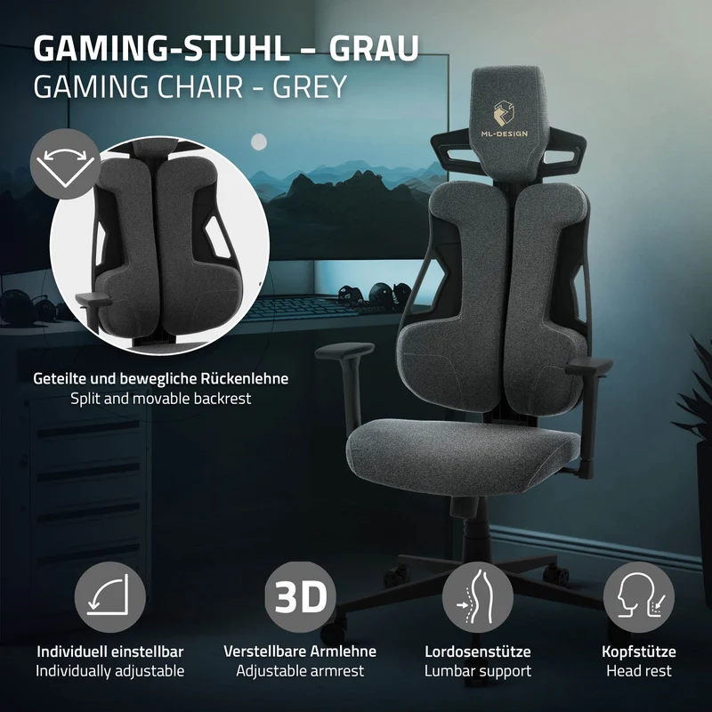Gaming Stuhl mit Armlehne, Kopfstütze und Lordosenstütze Grau, aus Stoff ML-Design