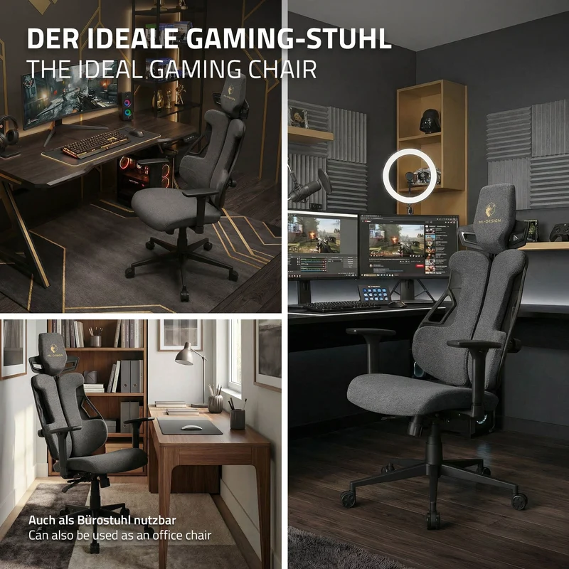Gaming Stuhl mit Armlehne, Kopfstütze und Lordosenstütze Grau, aus Stoff ML-Design