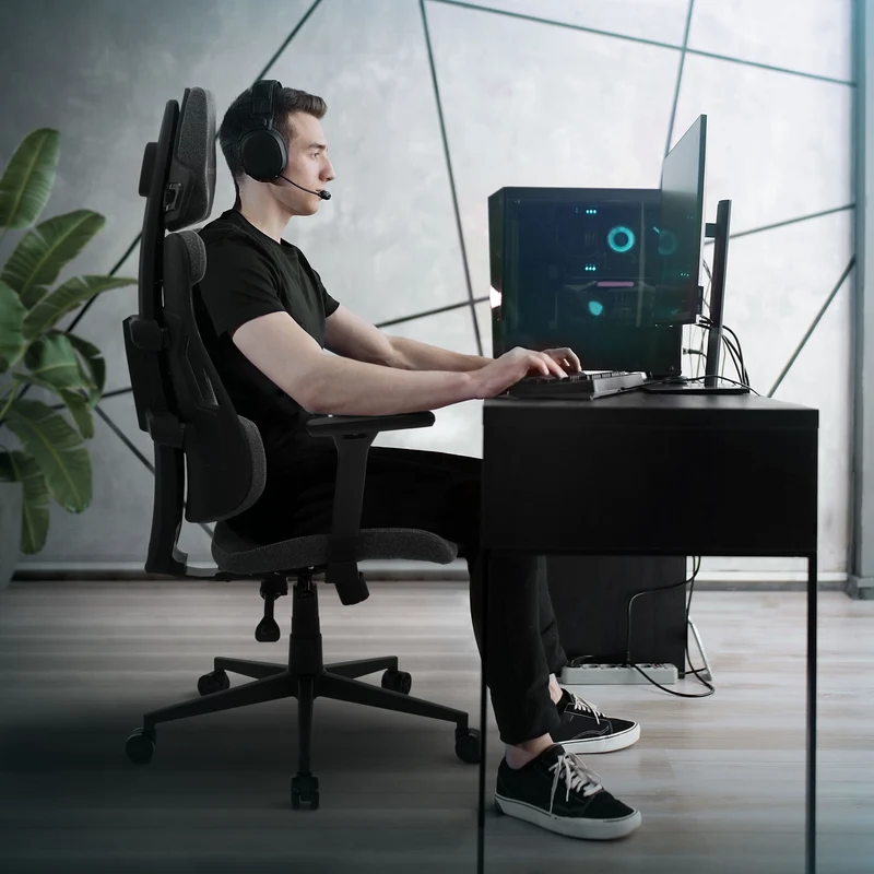 Gaming Stuhl mit Armlehne, Kopfstütze und Lordosenstütze Grau, aus Stoff ML-Design