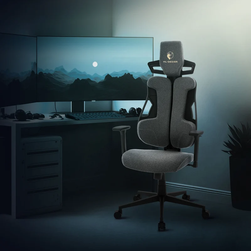 Gaming Stuhl mit Armlehne, Kopfstütze und Lordosenstütze Grau, aus Stoff ML-Design