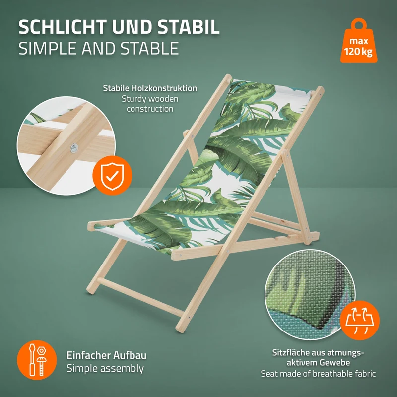 2er Set Gartenliege aus Holz in Tropical Grün-Weiß klappbarer Beachstuhl Strandstuhl Strandliege Liegestuhl Sonnenliege Relaxliege