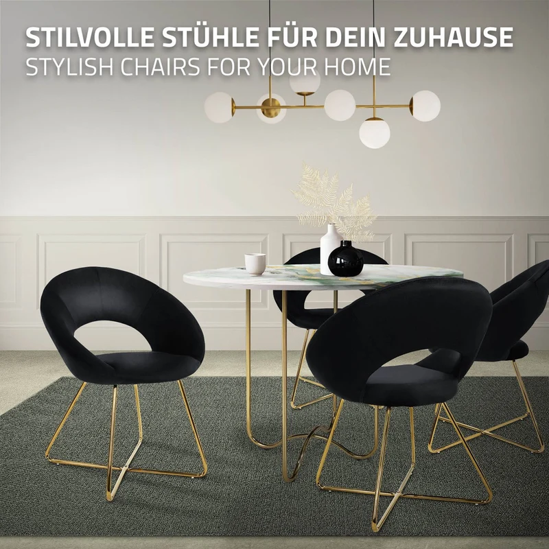 B-Ware Esszimmerstuhl mit runder offener Rückenlehne Schwarz aus Samt mit goldenen Metallbeinen ML-Design