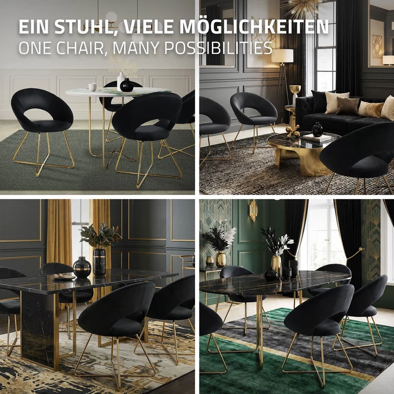 B-Ware Esszimmerstuhl mit runder offener Rückenlehne Schwarz aus Samt mit goldenen Metallbeinen ML-Design