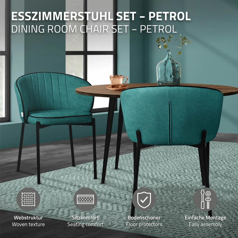 6er Set Esszimmerstühle mit Rücken- & Armlehne Petrol mit Metallbeinen bis 120 kg ML-Design