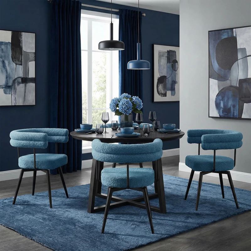6er Set Esszimmerstühle 360° drehbar in Blau Teddy-Stoff mit Arm- und Rückenlehnen Küchenstuhl ML-Design