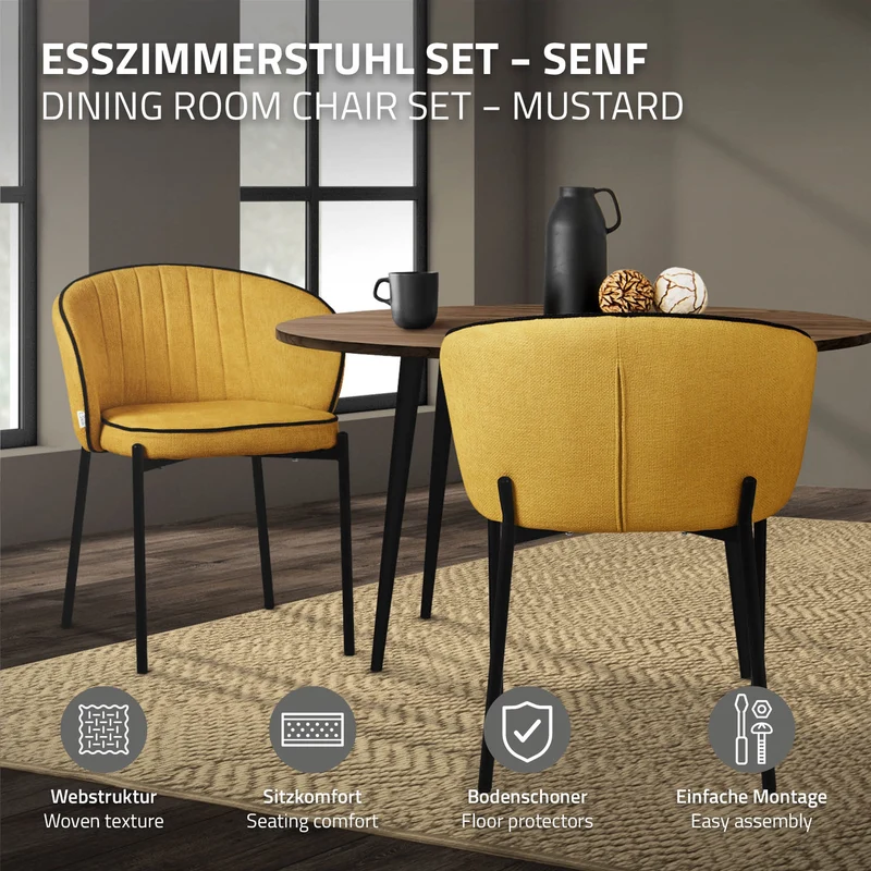 6er Set Esszimmerstühle mit Rücken- & Armlehne Senf mit Metallbeinen bis 120 kg ML-Design