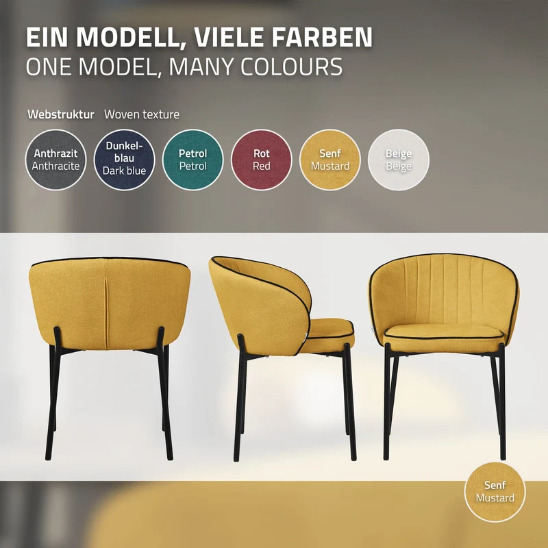 6er Set Esszimmerstühle mit Rücken- & Armlehne Senf mit Metallbeinen bis 120 kg ML-Design