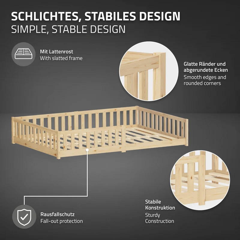 Kinderbett 140x200 cm mit Matratze Lattenrost und Rausfallschutz Natur Kiefernholz ML-Design