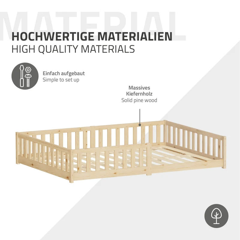 Kinderbett 140x200 cm mit Matratze Lattenrost und Rausfallschutz Natur Kiefernholz ML-Design