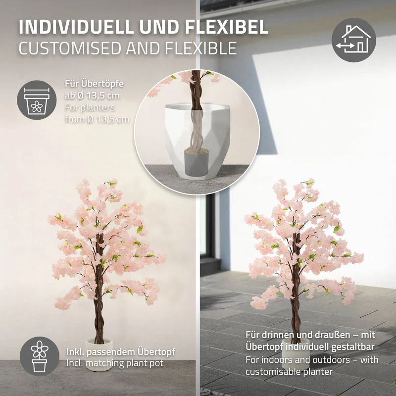Künstlicher Kirschbaum 120 cm Kunstpflanze mit Naturholzstamm im Topf ML-Design