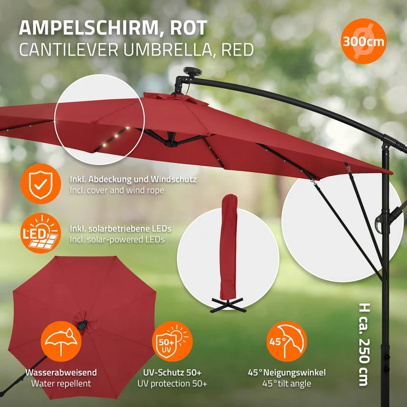 Ampelschirm Ø 300 cm mit LED Solar, Rot 360° Alu Sonnenschirm mit Kurbel, Abdeckung & Ständer ML-Design