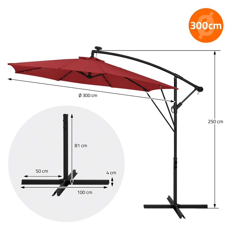 Ampelschirm Ø 300 cm mit LED Solar, Rot 360° Alu Sonnenschirm mit Kurbel, Abdeckung & Ständer ML-Design