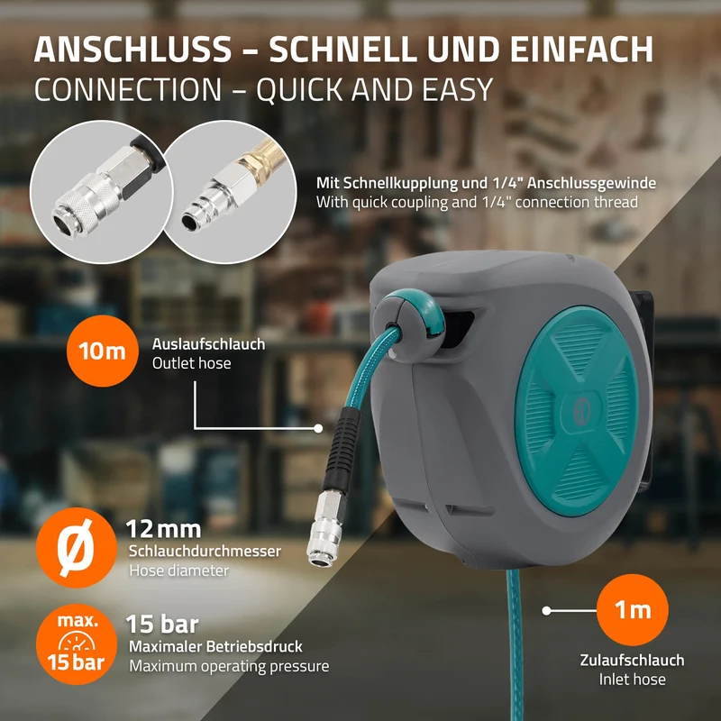 Druckluft Schlauchtrommel Automatik 10 m 1/4" Anschluss für Wandmontage