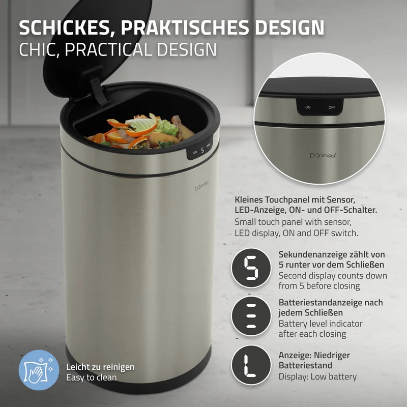 Mülleimer mit Sensor 30L rund aus Edelstahl, Silber, Automatisches Öffnen & Schließen ML-Design