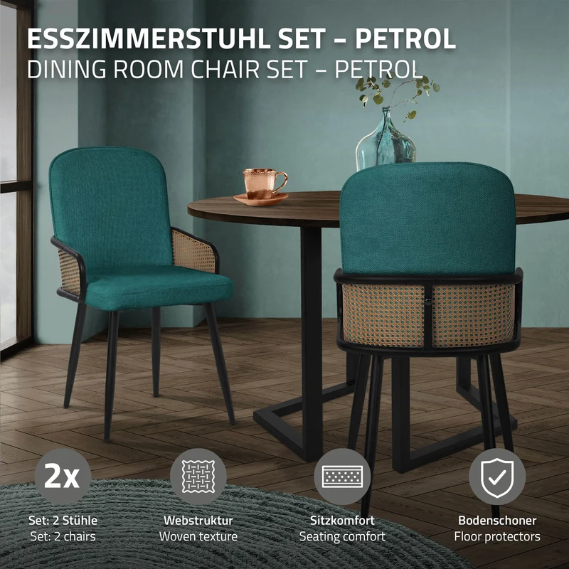 Esszimmerstühle 2er Set Petrol mit Arm- & Rückenlehne, Polsterstühle für Esszimmer & Küche ML-Design
