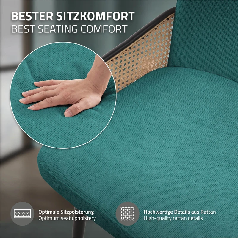 Esszimmerstühle 2er Set Petrol mit Arm- & Rückenlehne, Polsterstühle für Esszimmer & Küche ML-Design