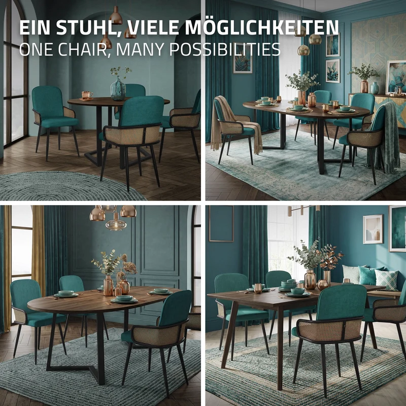 Esszimmerstühle 2er Set Petrol mit Arm- & Rückenlehne, Polsterstühle für Esszimmer & Küche ML-Design