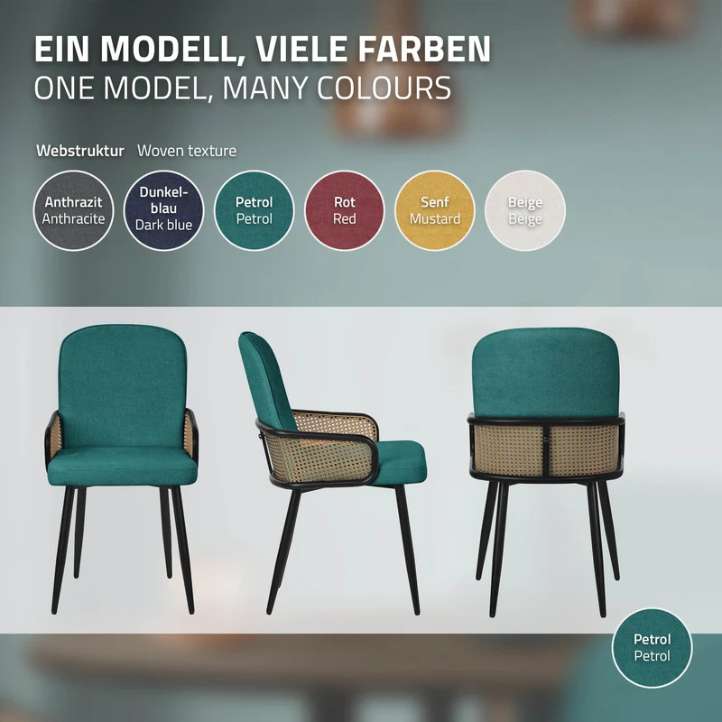 Esszimmerstühle 2er Set Petrol mit Arm- & Rückenlehne, Polsterstühle für Esszimmer & Küche ML-Design