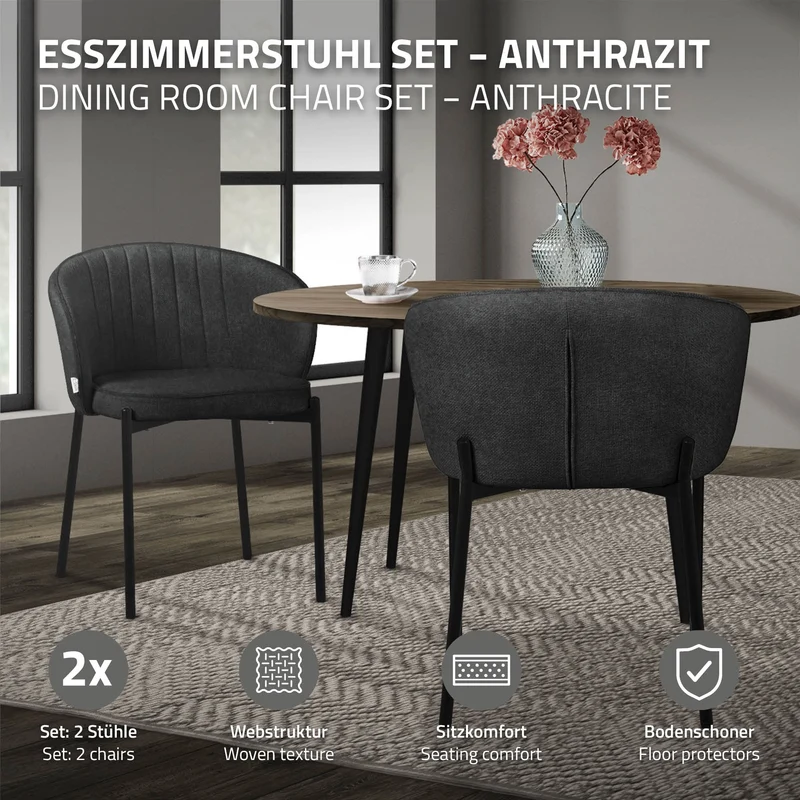 2er Set Esszimmerstühle mit Rücken- & Armlehne Anthrazit mit Metallbeinen bis 120 kg ML-Design