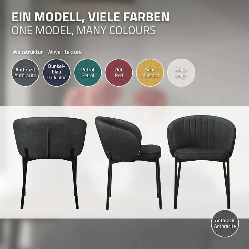 2er Set Esszimmerstühle mit Rücken- & Armlehne Anthrazit mit Metallbeinen bis 120 kg ML-Design
