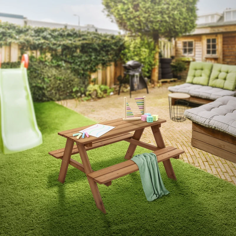 Kindersitzgarnitur Picknicktisch für 4 Kinder Braun aus Massivholz ab 2 Jahren Spielsitzgruppe draußen ML-Design