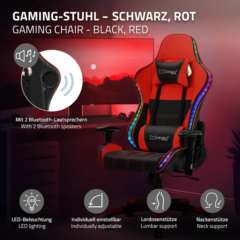 B-Ware Gamingstuhl mit RGB Beleuchtung & Bluetoothboxen Schwarz/Rot aus Kunstleder ML-Design