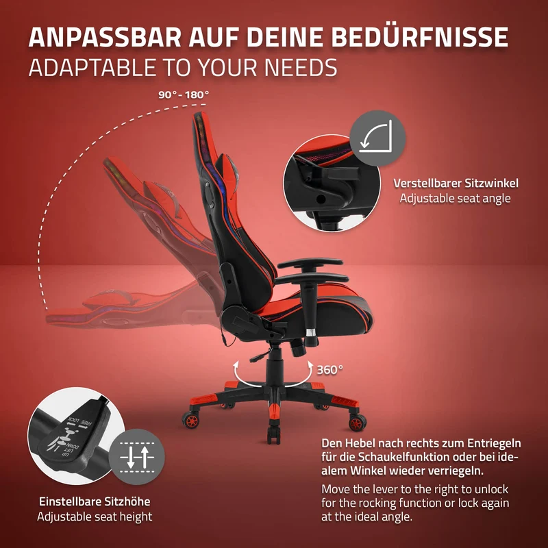 B-Ware Gamingstuhl mit RGB Beleuchtung & Bluetoothboxen Schwarz/Rot aus Kunstleder ML-Design