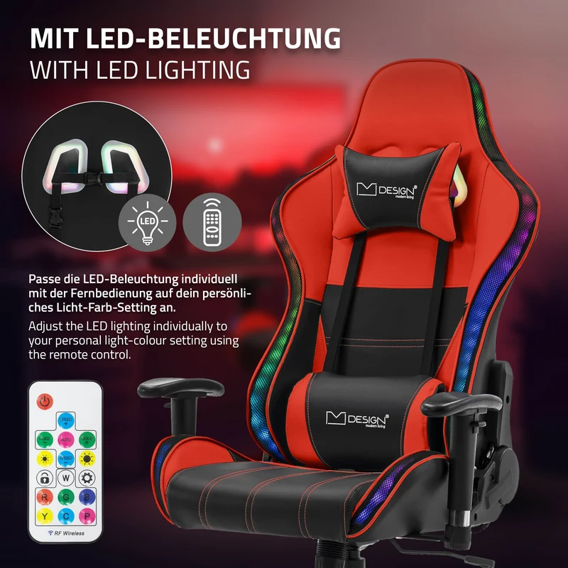 B-Ware Gamingstuhl mit RGB Beleuchtung & Bluetoothboxen Schwarz/Rot aus Kunstleder ML-Design