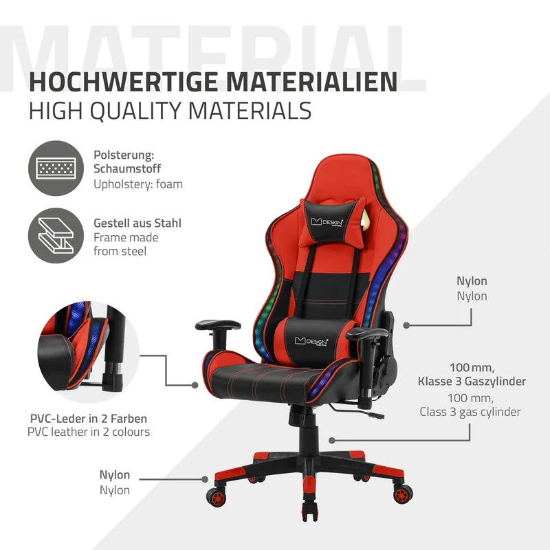B-Ware Gamingstuhl mit RGB Beleuchtung & Bluetoothboxen Schwarz/Rot aus Kunstleder ML-Design