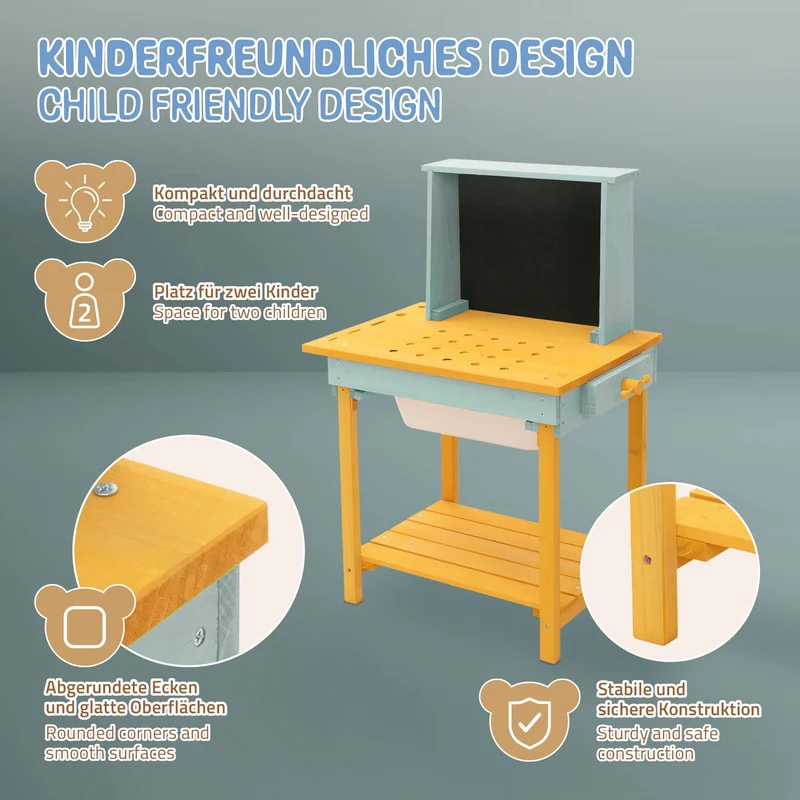 Werkbank Kinder Outdoor aus massivem Tannenholz, Kinderwerkbank mit Tafel, Matschküche und Zubehör, Werkzeugbank Kinder wetterfest Joyz