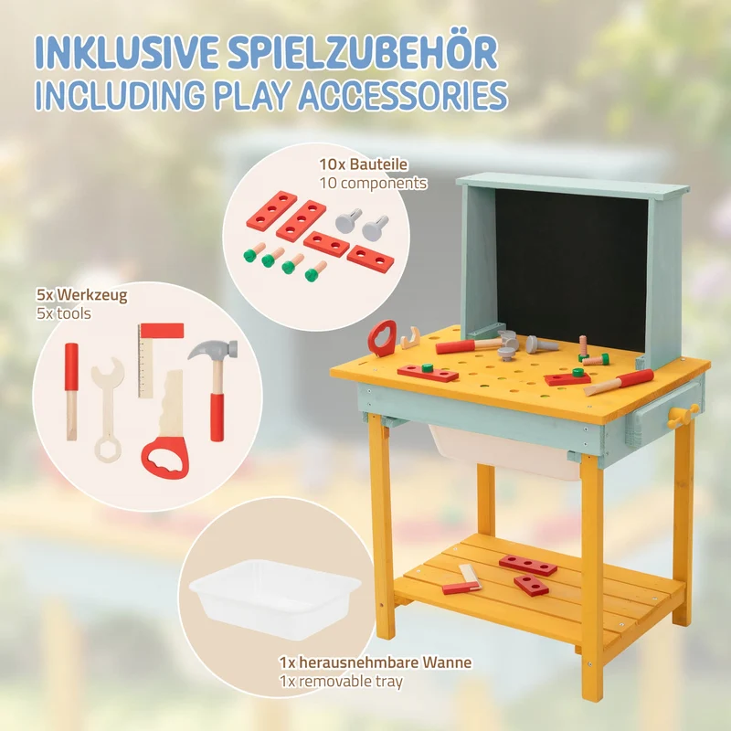 Werkbank Kinder Outdoor aus massivem Tannenholz, Kinderwerkbank mit Tafel, Matschküche und Zubehör, Werkzeugbank Kinder wetterfest Joyz