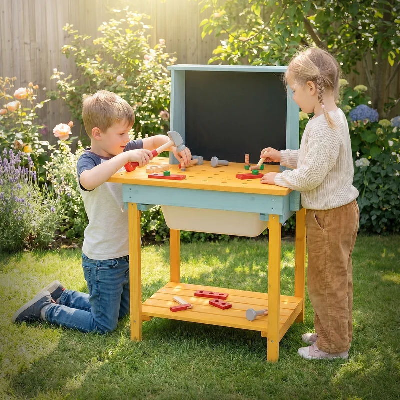 Werkbank Kinder Outdoor aus massivem Tannenholz, Kinderwerkbank mit Tafel, Matschküche und Zubehör, Werkzeugbank Kinder wetterfest Joyz