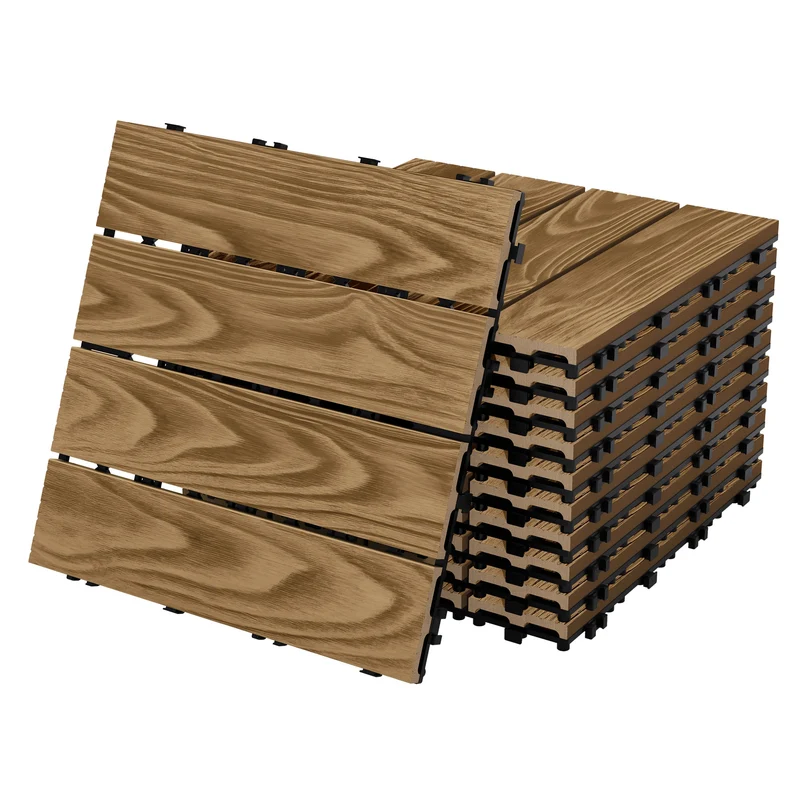 3x WPC Terrassenfliesen 30x30 cm 11er Spar Set für 1m² Teak in Holzoptik Bodenbelag mit Drainage und Klicksystem