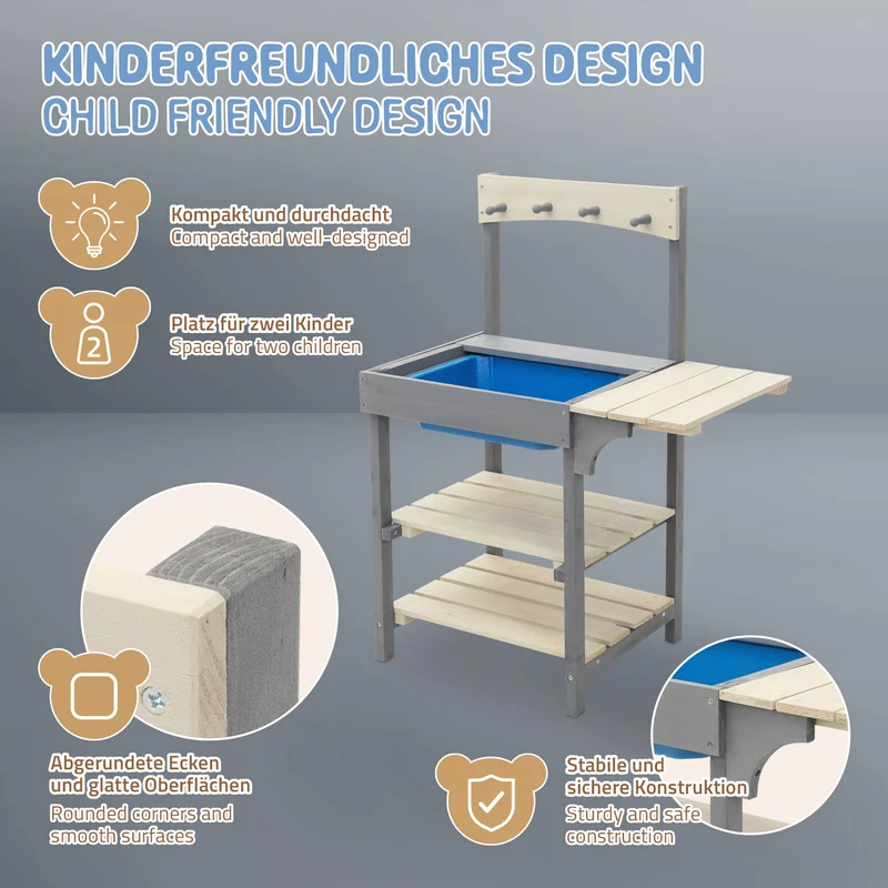 Matschküche Kinder Outdoor aus Massivholz, Spielküche mit Küchenzubehör & abnehmbarem Waschbecken, Wetterfest ab 3 Jahren Joyz