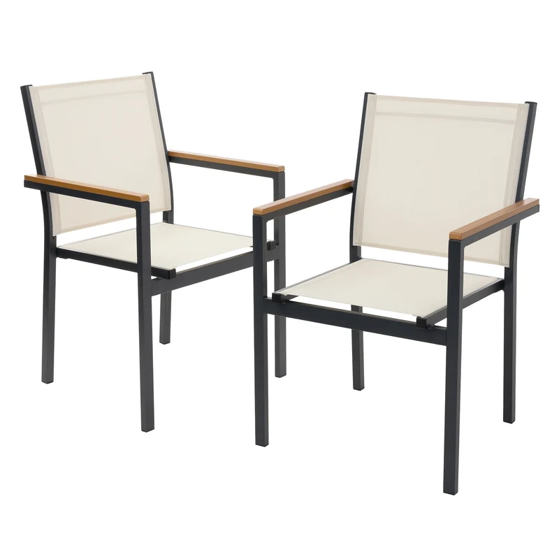 Gartenstühle 2er Set mit Armlehnen Beige aus Textilene, Balkonstuhl mit Aluminiumgestell ML-Design