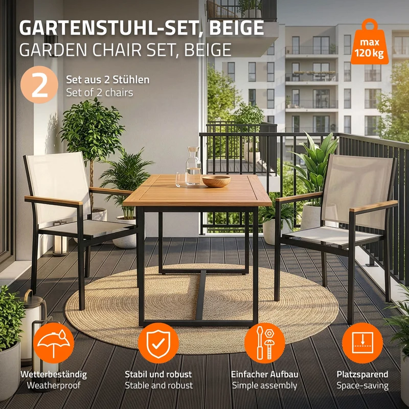 Gartenstühle 2er Set mit Armlehnen aus Textilene, Balkonstuhl mit Aluminiumgestell ML-Design
