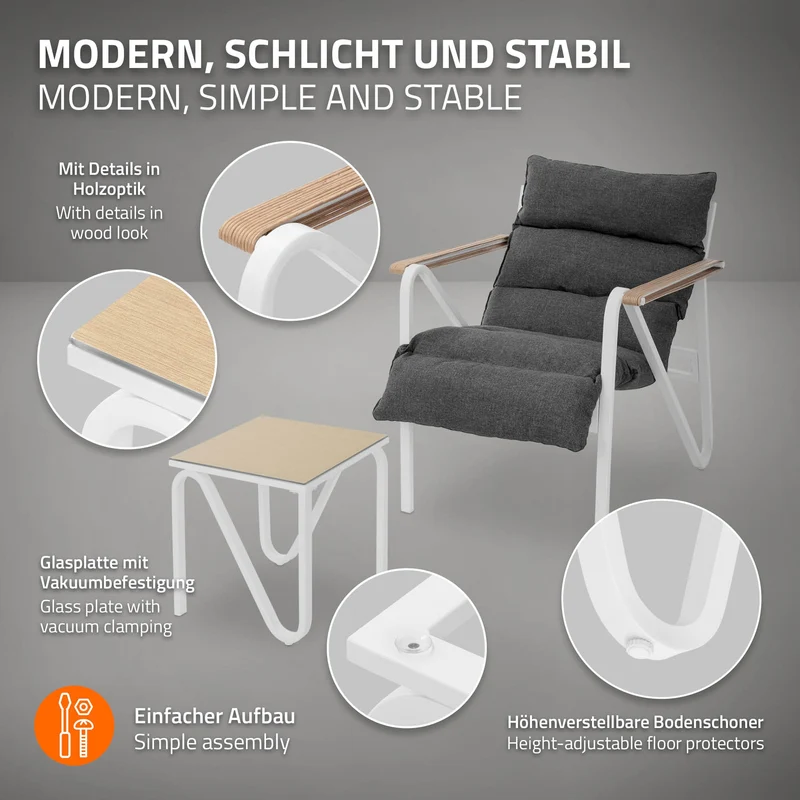 Gartenmöbel Set 3 tlg Sitzgruppe mit 2 Stühlen, Tisch & Sitzkissen Stahlgestell wetterfest ML-Design